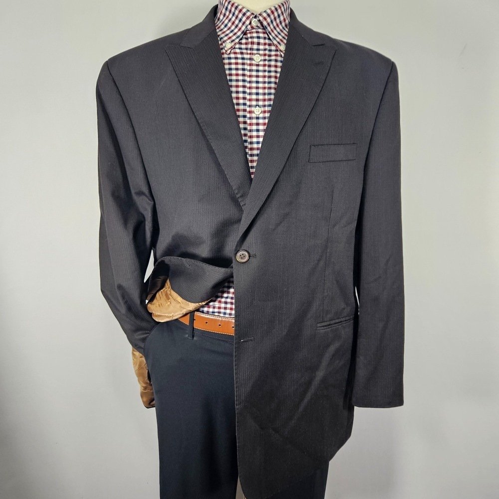Sean John Men's Sport Coat Blazer Two Button Black Brown Striped Wool Peak 48L